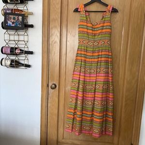 Vintage 70s Orange, Green & Pink Paisley Stripe Gigette Maxi Dress, Size X-Small